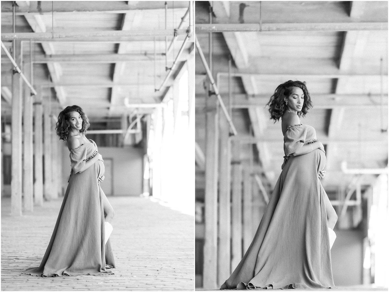 Elegant maternity poses captured in black and white in an industrial setting.