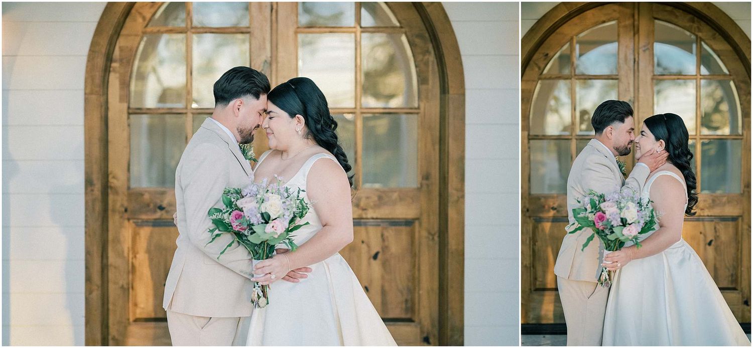 Wedding portraits taken in front of elegant arched wooden doors with decorative details.