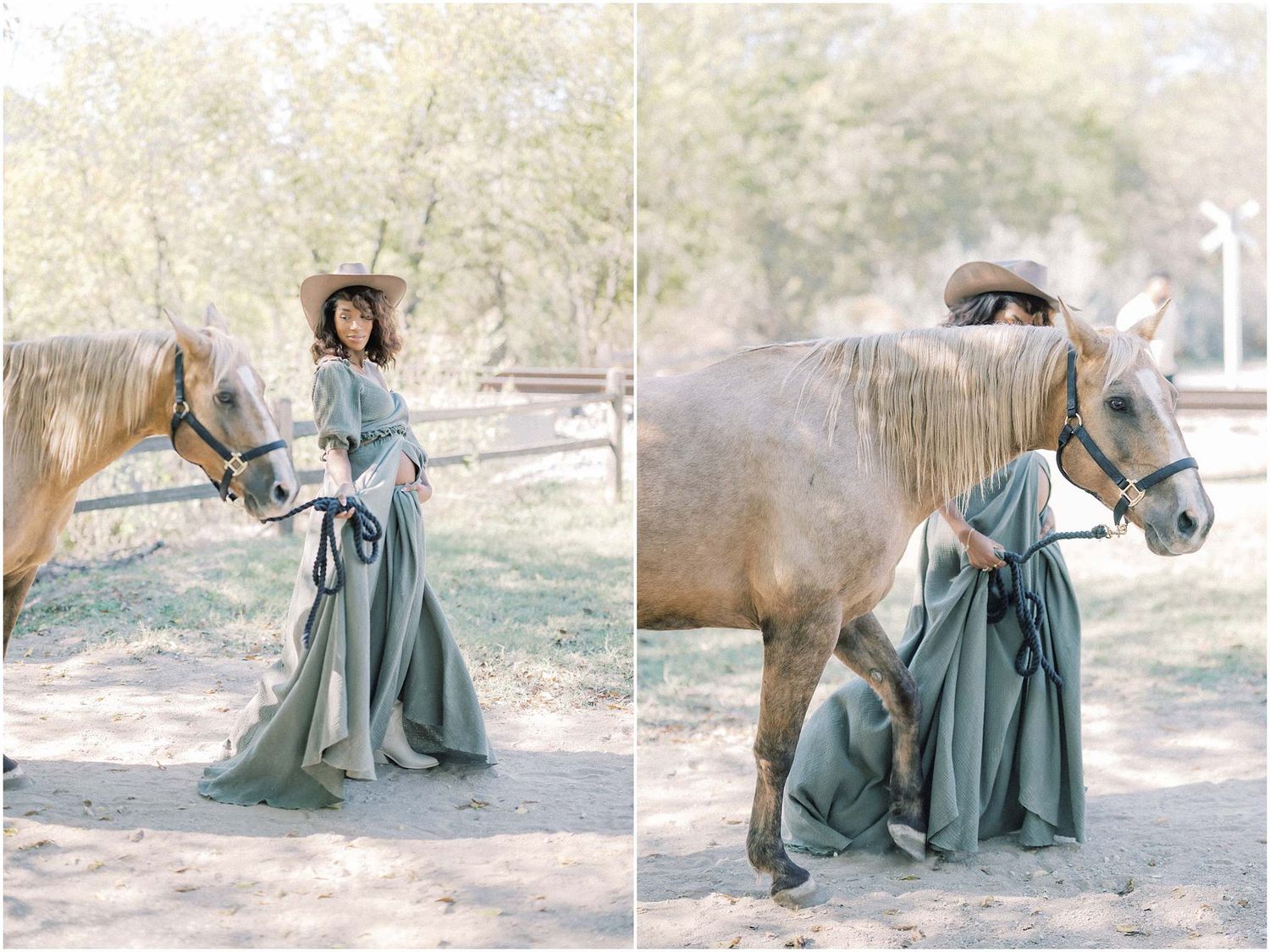 Artistic sequence of outdoor photos featuring a horse and people in sage green attire.