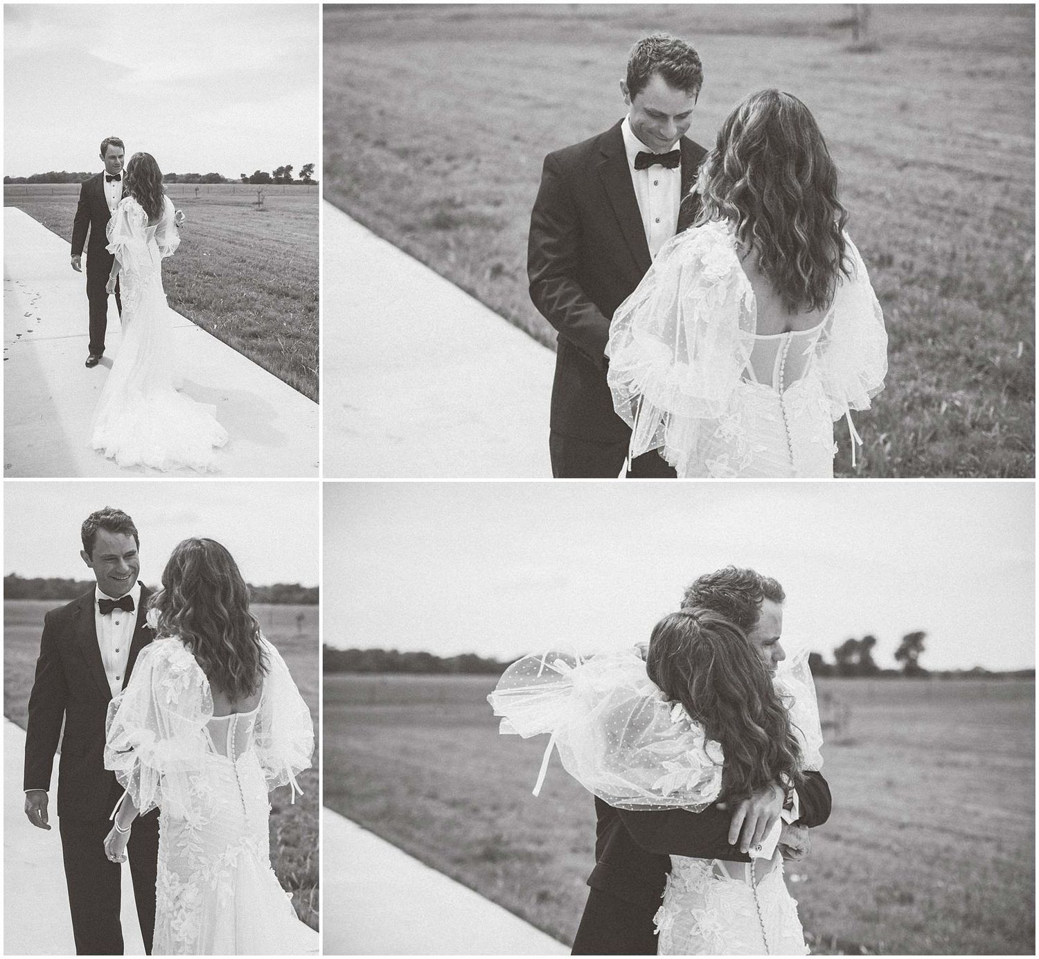 Black and white wedding photo series capturing candid moments between the couple outdoors.