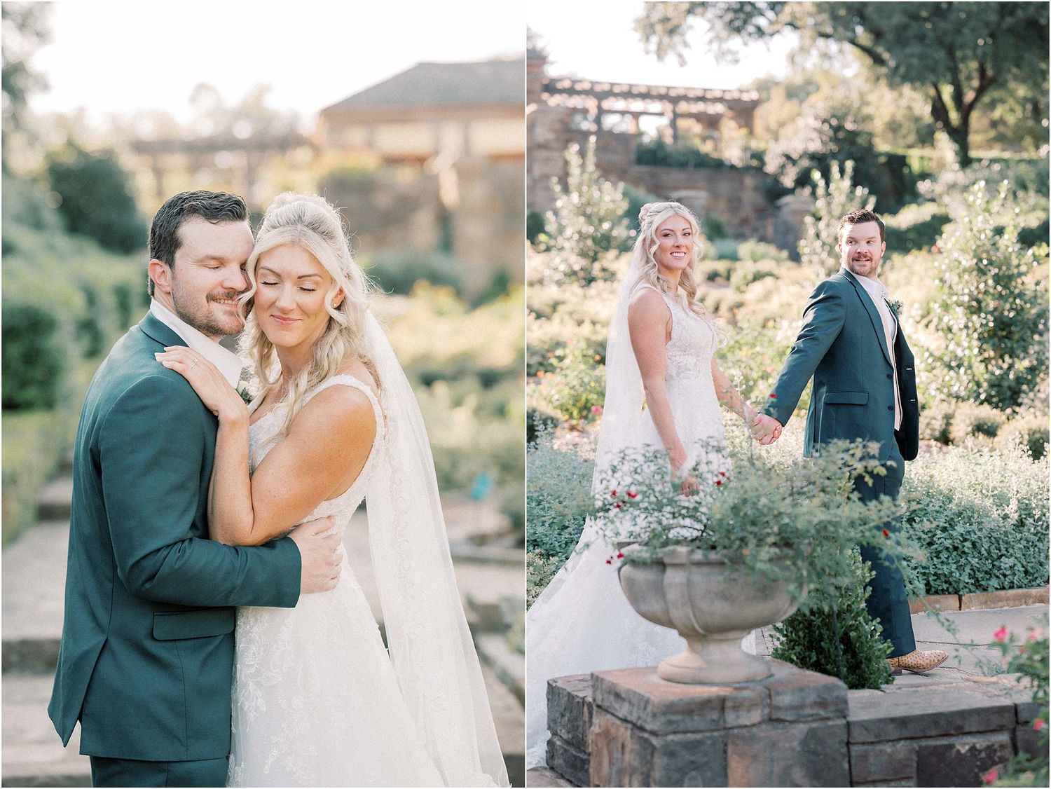 Wedding couple shares intimate moments in a garden setting with romantic poses and natural lighting.