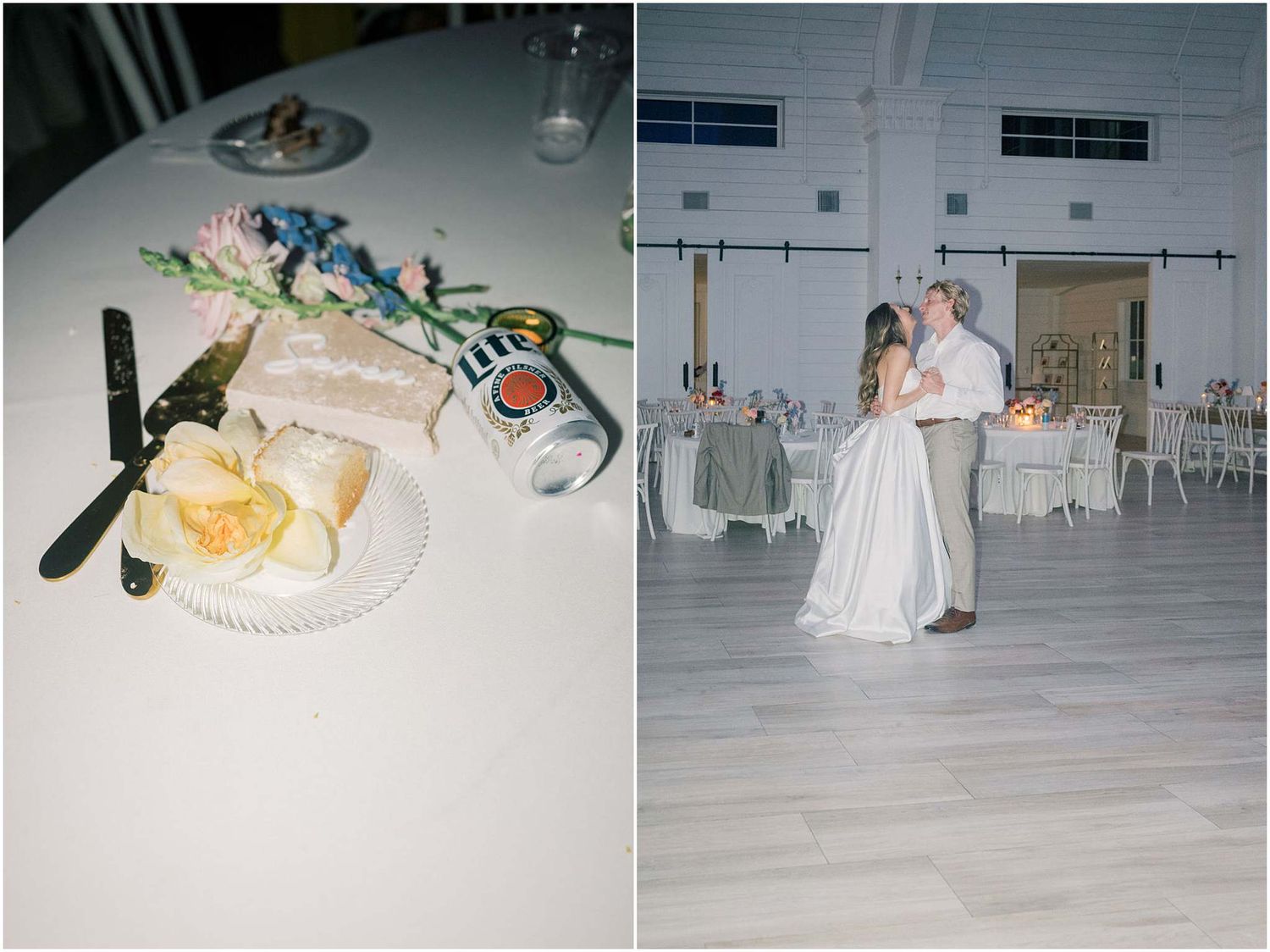 Wedding reception scene with cake slice and Sprite can on plate beside couple sharing first dance in elegant white venue.