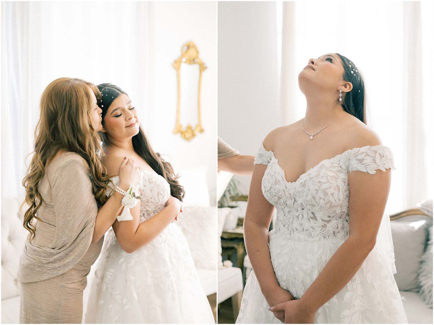 Series of artistic bridal portraits showing details of a white lace wedding dress.