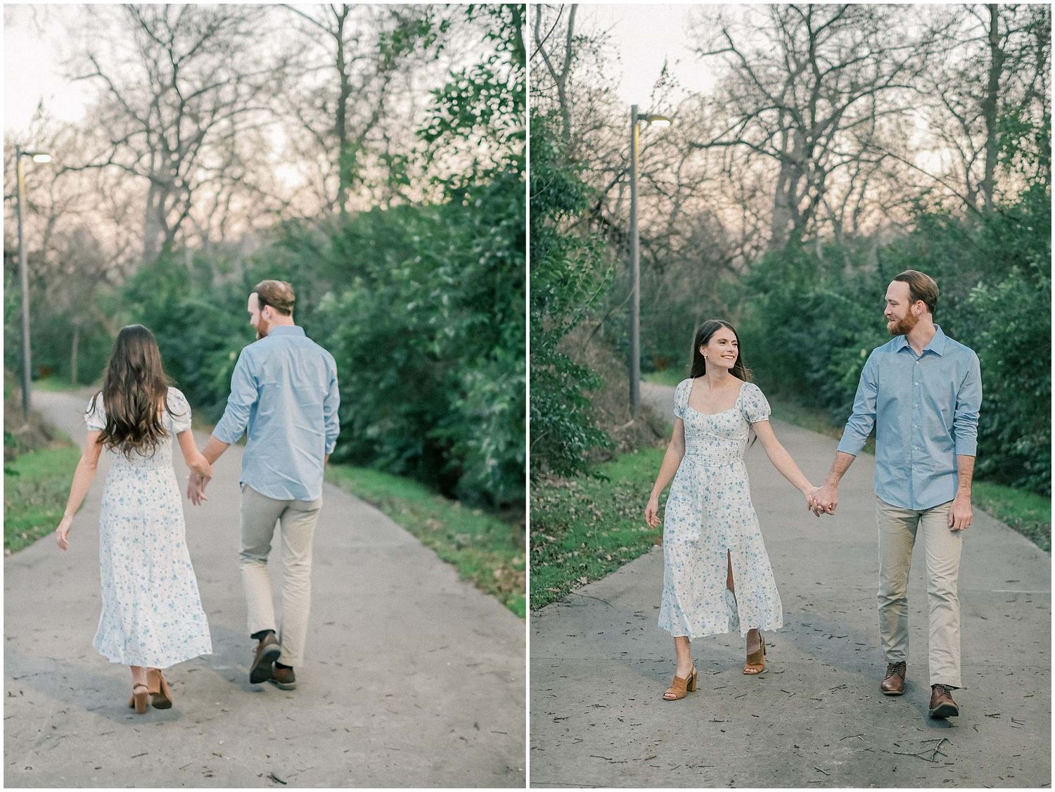 A couple walks hand in hand down a tree-lined path in matching casual outfits.
