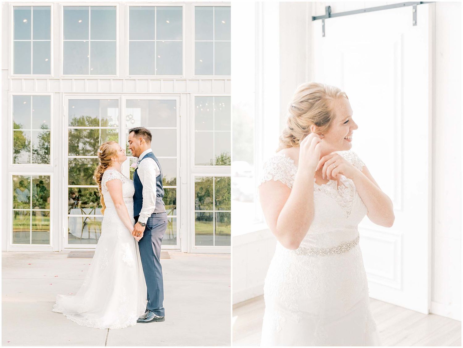 Elegant white wedding venue interior with large windows and natural lighting.