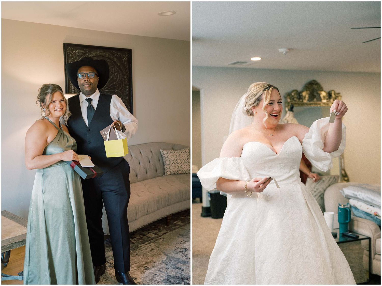 Wedding getting ready sequence showing final dress adjustments and preparations in an elegant room.