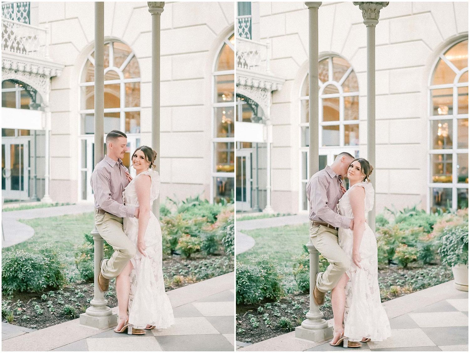 A couple shares a tender moment together outside an elegant building with arched windows and greenery.