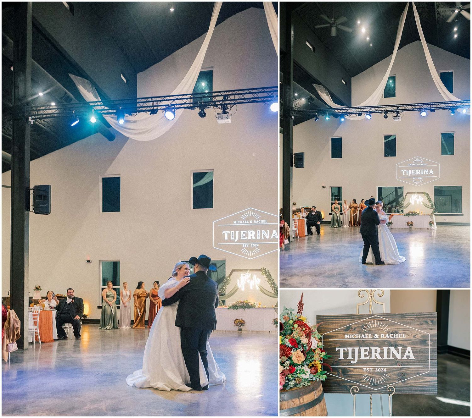 A dance studio with white walls and blue lighting showcases couples practicing ballroom dance steps on a polished floor.