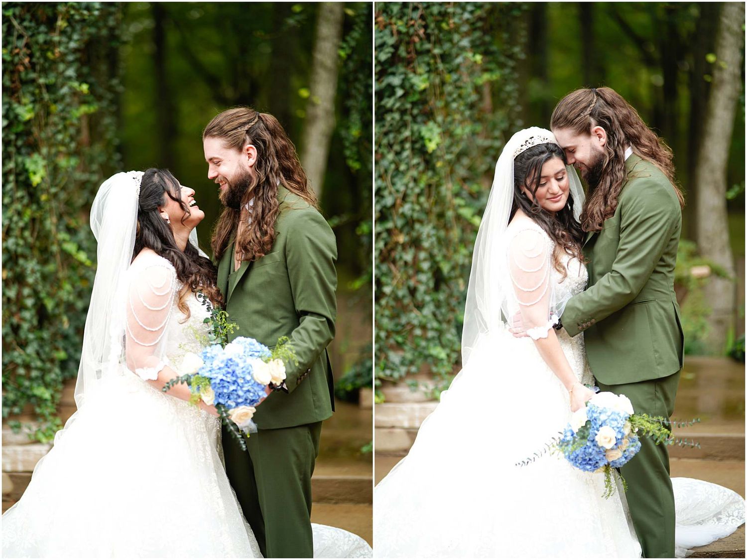Bride and groom laughing and embracing outdoors, she holds blue hydrangeas, he wears a green suit, ivy wall backdrop.
