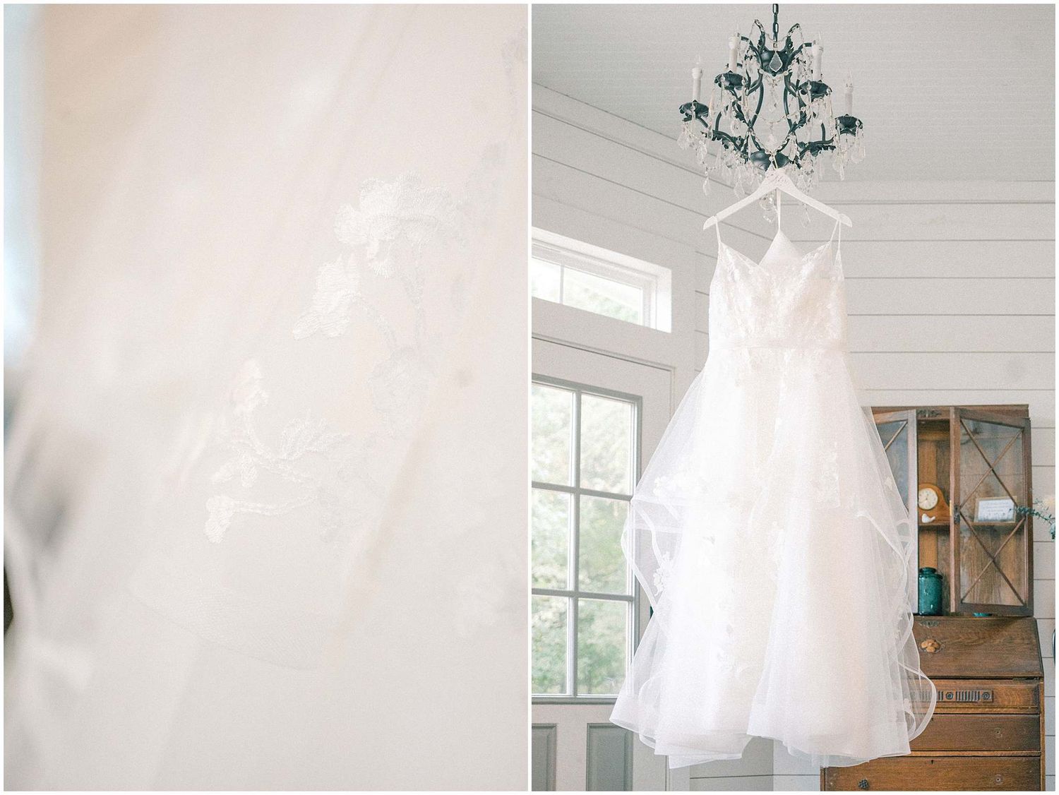 White tulle wedding dresses hanging from crystal chandeliers in a bright, airy bridal boutique.