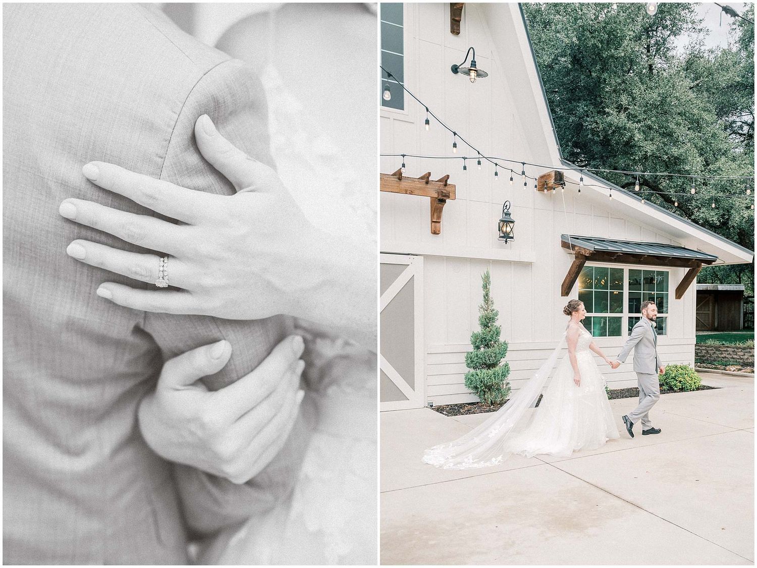 A series of romantic black and white wedding photos showing intimate moments between newlyweds at an outdoor venue.