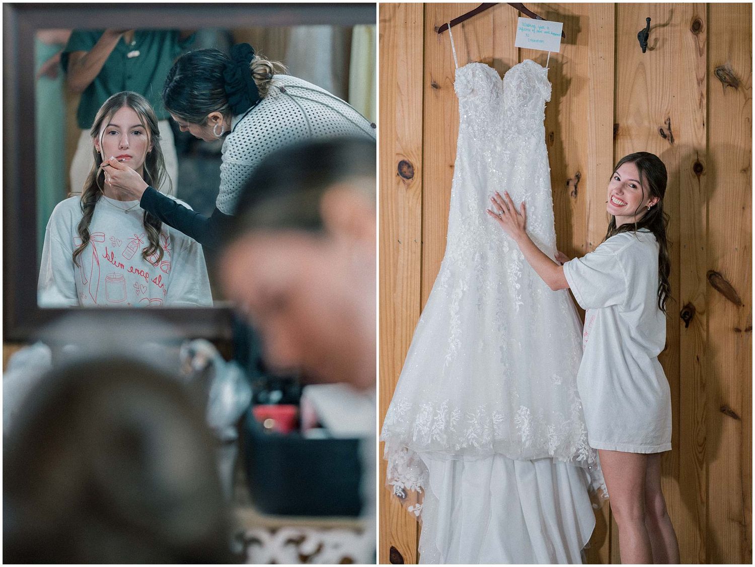 A bride getting ready for her wedding in a rustic wooden cabin while wearing a white lace wedding dress.