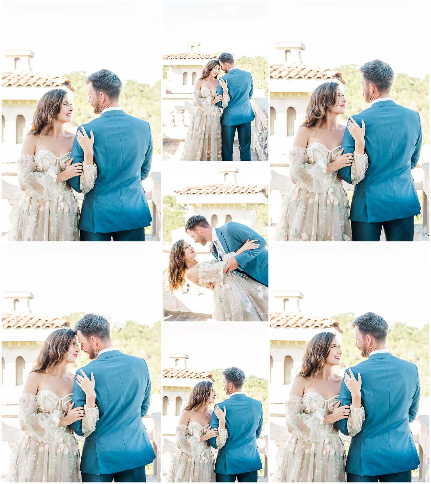 Wedding couple shares intimate moments on a Mediterranean-style terrace with terracotta roofs in background.