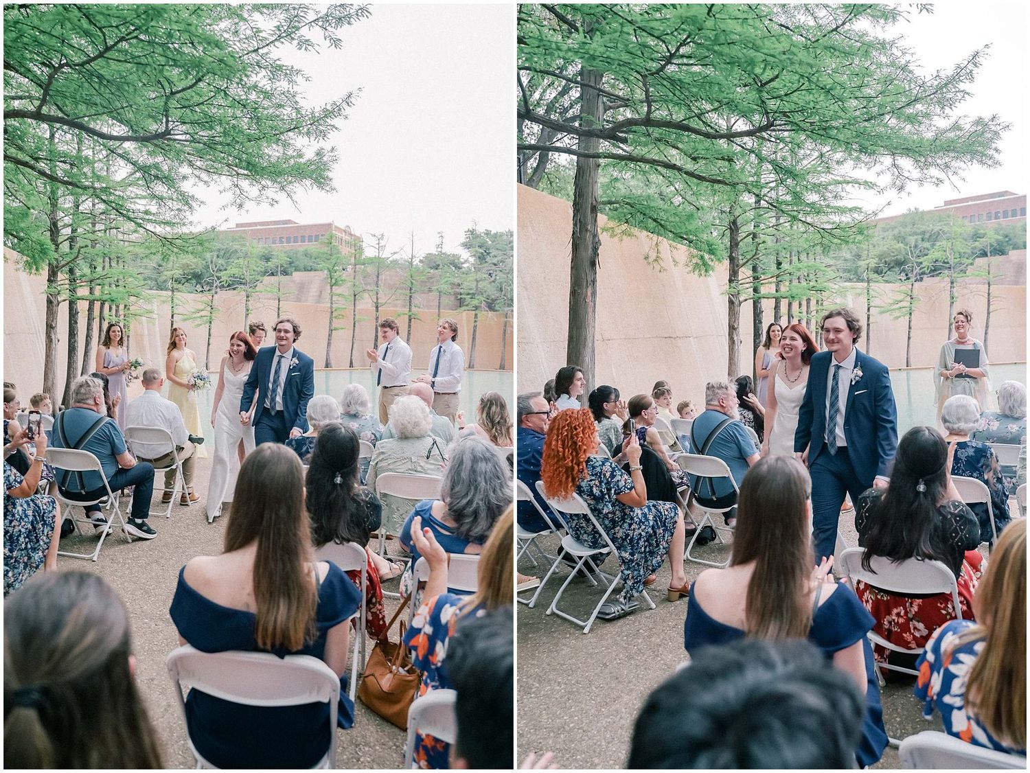Wedding attendees gather for an outdoor ceremony with white chairs arranged on a paved courtyard area.