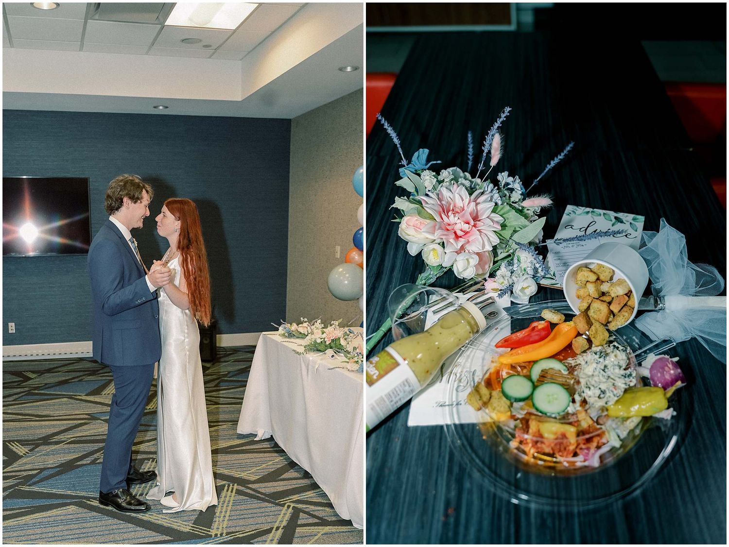 Wedding reception venue with elegant table settings and decorative floral arrangements.