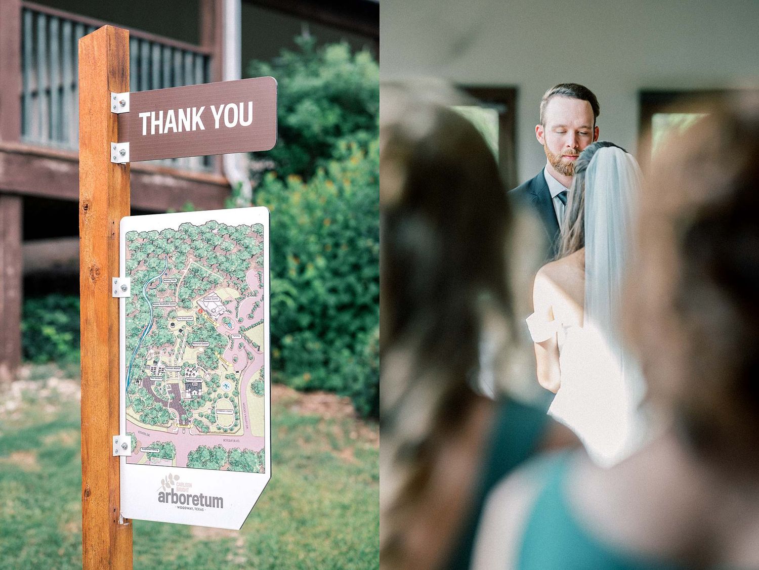 Rustic wooden signage and decor elements displayed at an outdoor wedding venue.