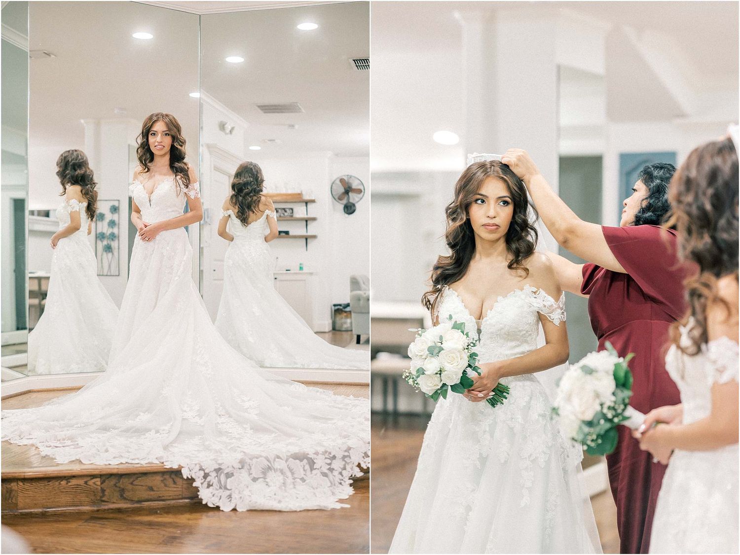 Final wedding dress fitting showing intricate details and train in boutique mirror reflections.