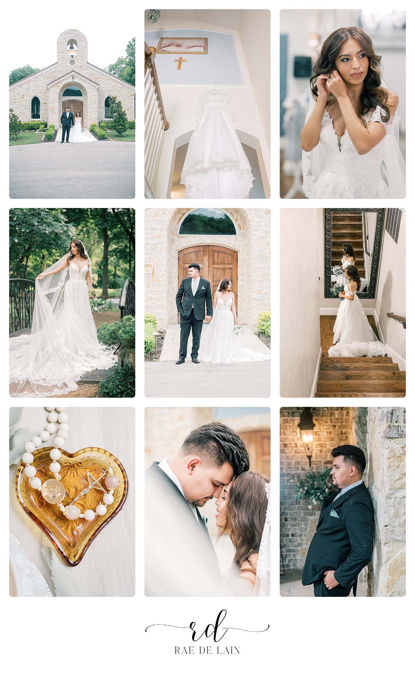 Wedding photo collage showing church ceremony, bridal portraits and romantic moments at a stone venue.
