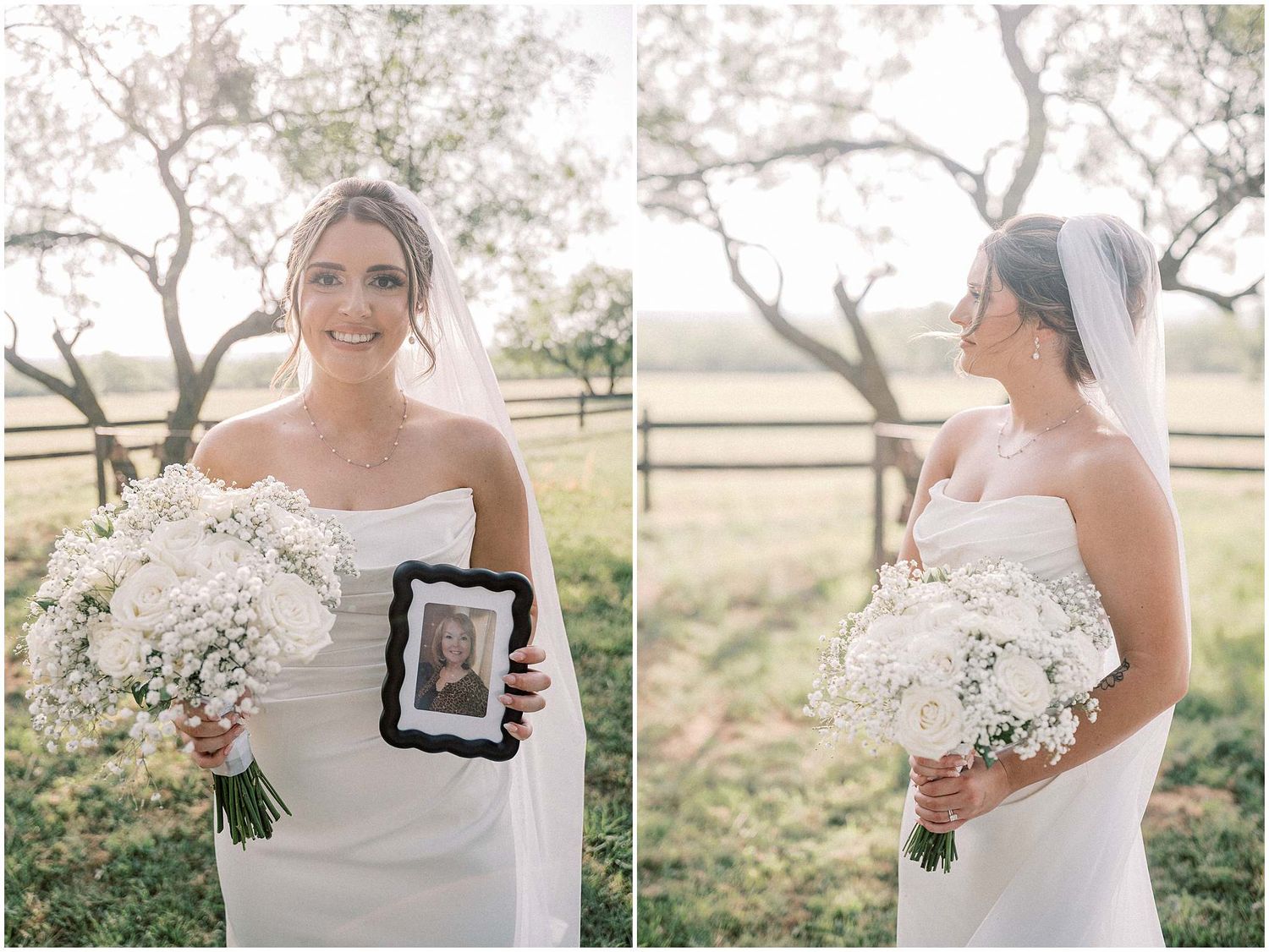 Bride in white dress holds bouquet and tablet device during outdoor countryside photo session.