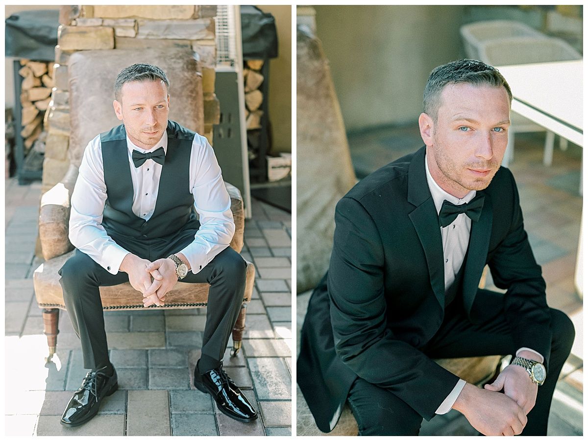 Formal portraits in classic black tuxedos against a stone wall backdrop.