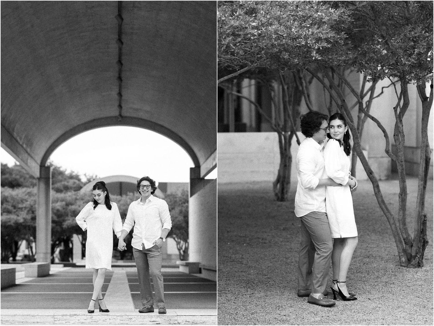 Black and white engagement photos showing couple walking and posing together outdoors.