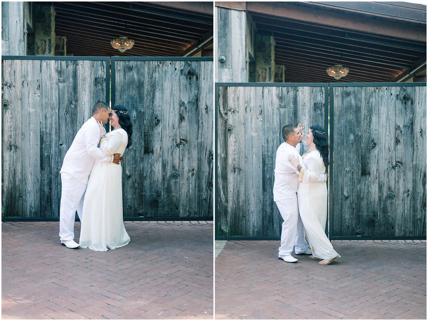 A romantic couple in white outfits share intimate moments against a rustic wooden wall backdrop.