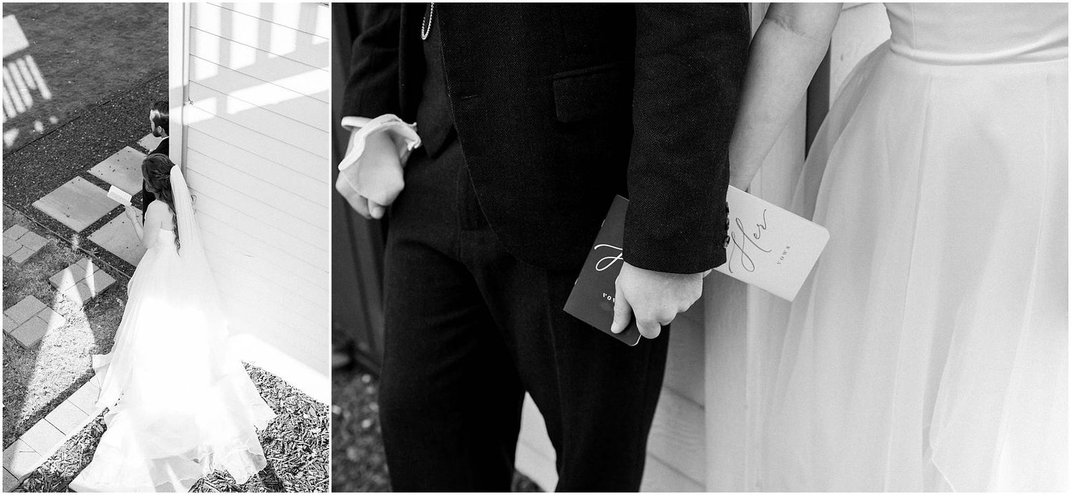 Black and white wedding photography sequence showing elegant dress details and romantic moments.
