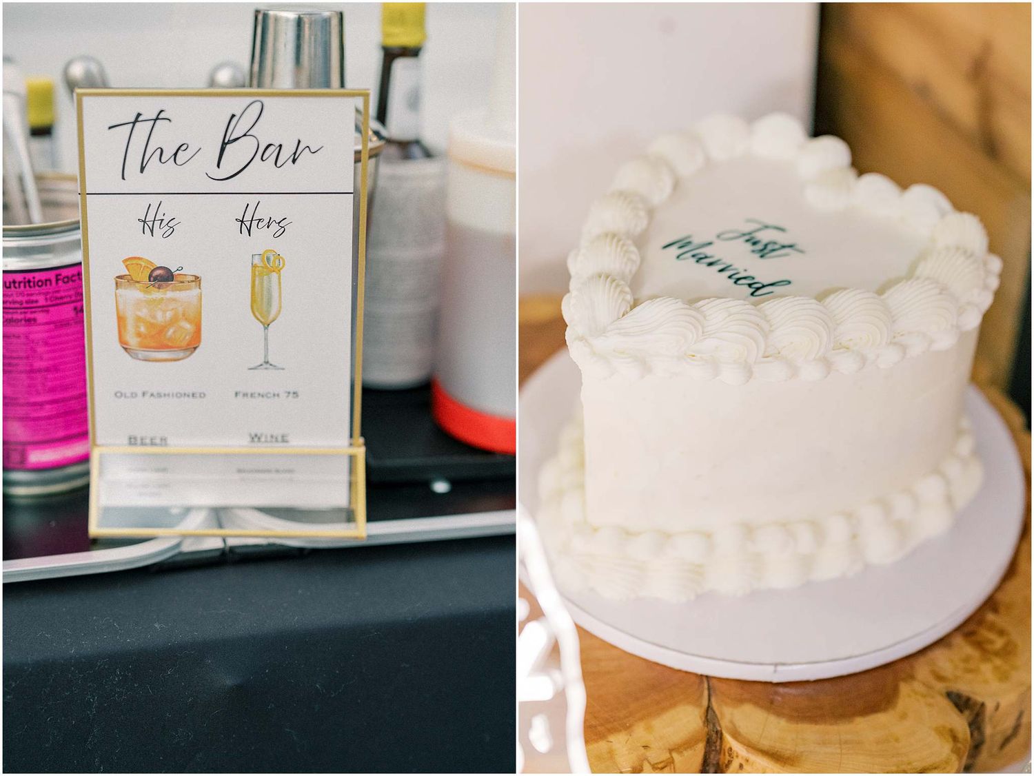 Wedding details featuring a bar menu sign and white wedding cake with delicate piping.