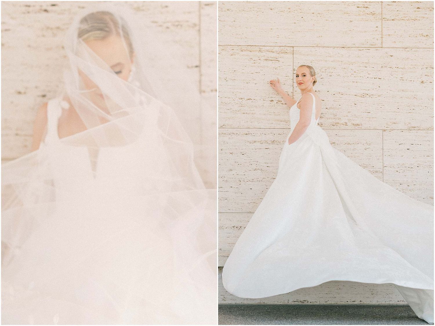 Dramatic bridal photos featuring flowing cathedral train and ethereal veil movement.