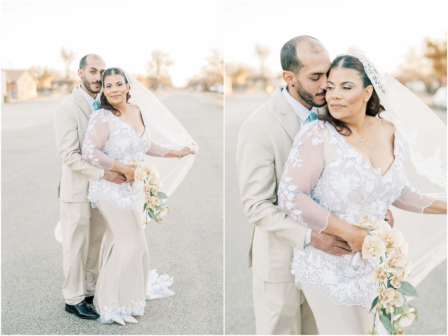A couple shares an intimate moment in their wedding attire during golden hour.