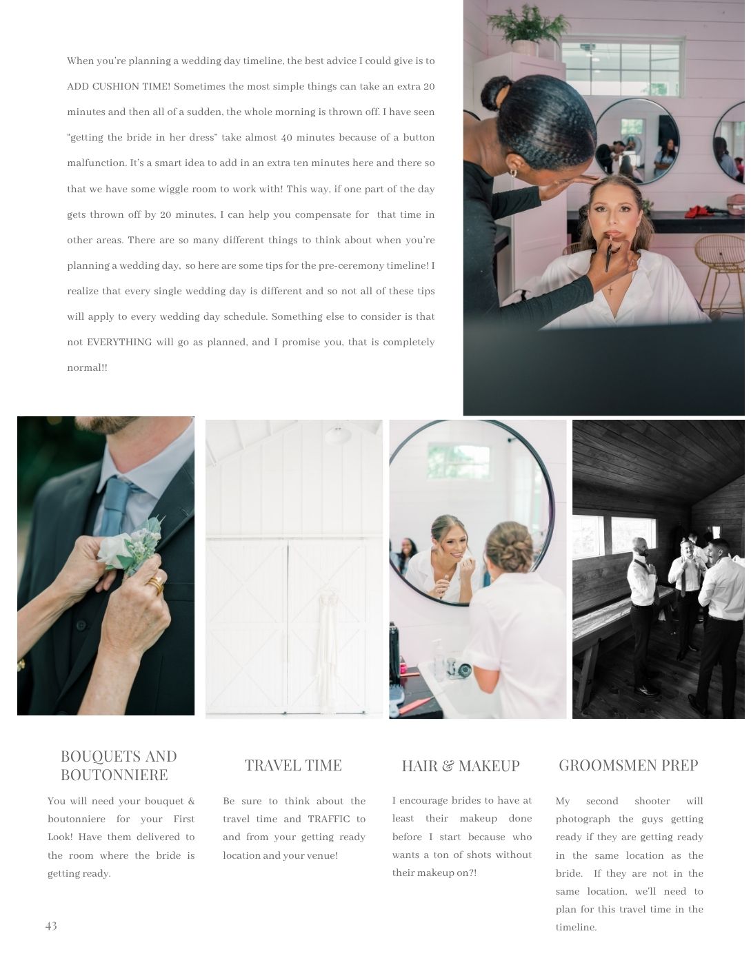 Wedding day timeline guide showing bridal prep photos including hair, makeup, bouquets, and groomsmen getting ready.