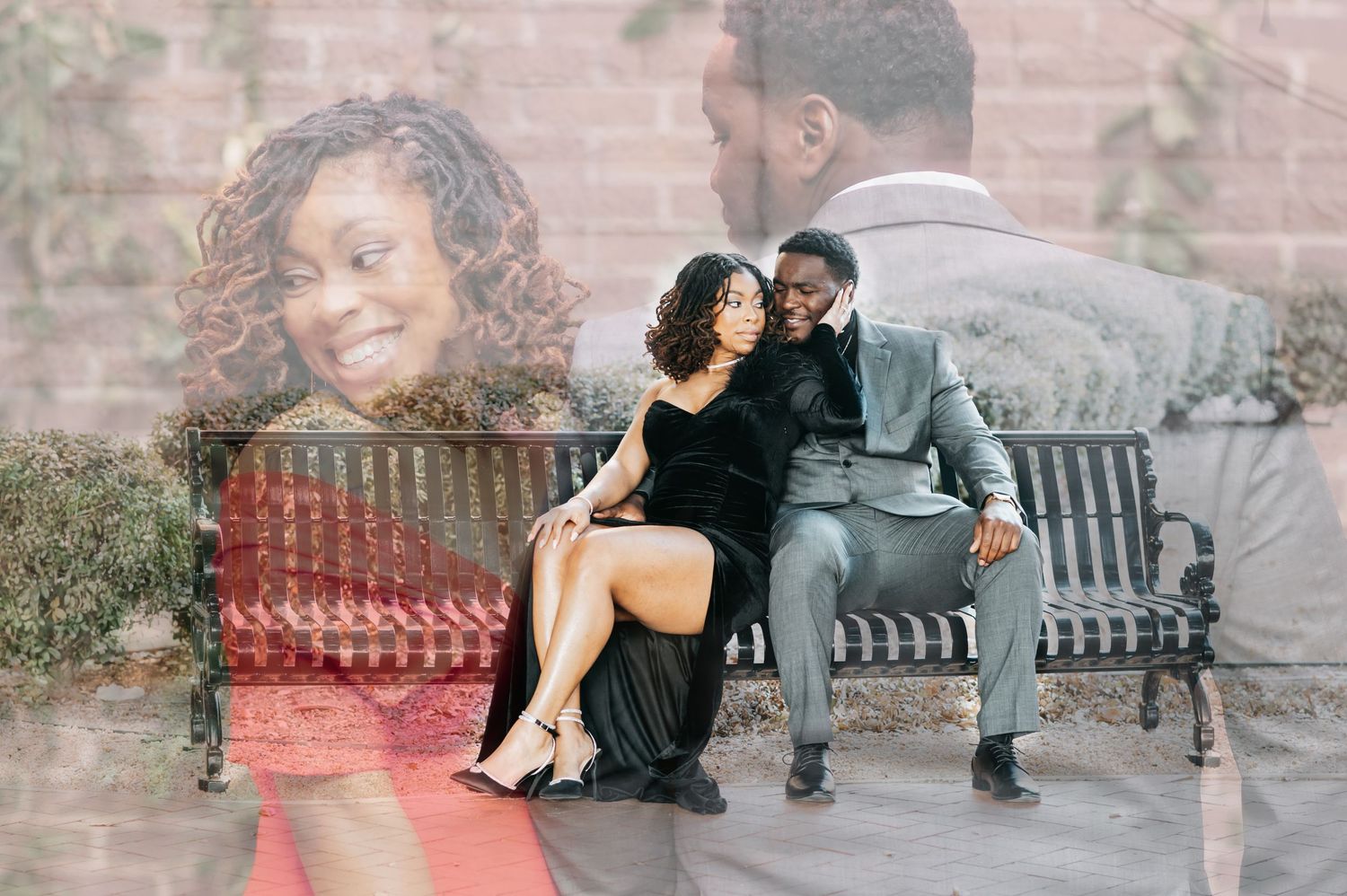 Couple sitting closely on a bench in a romantic double exposure photo with a smiling woman overlay.