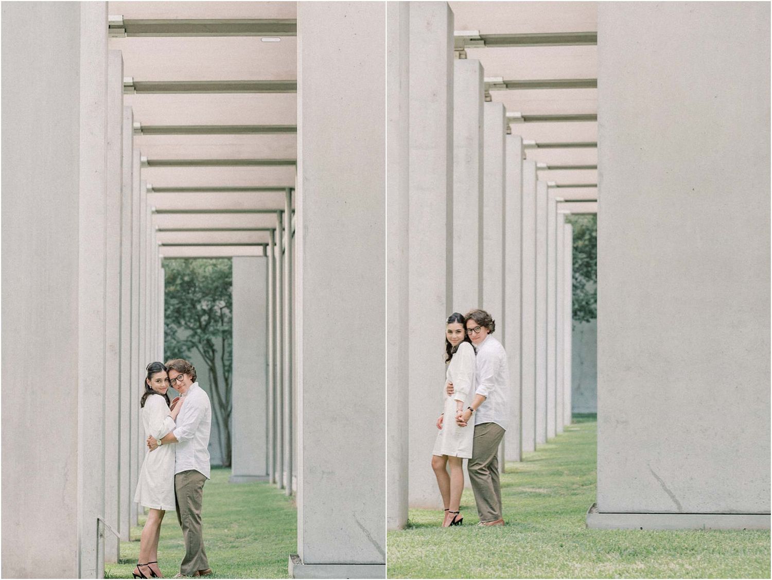 Architectural engagement photos with couple posing between repeating stone columns.