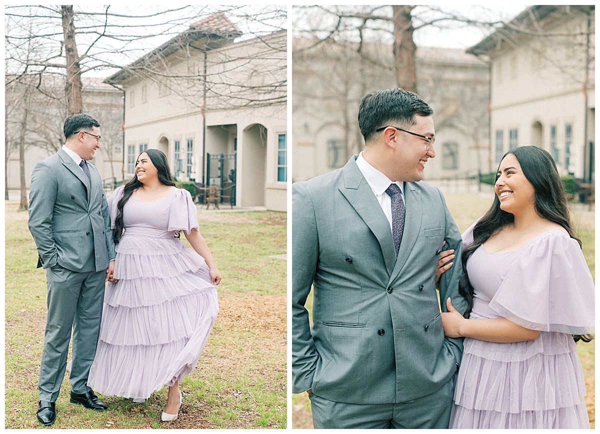 Romantic photo sequence in formal attire against historic building backdrop.
