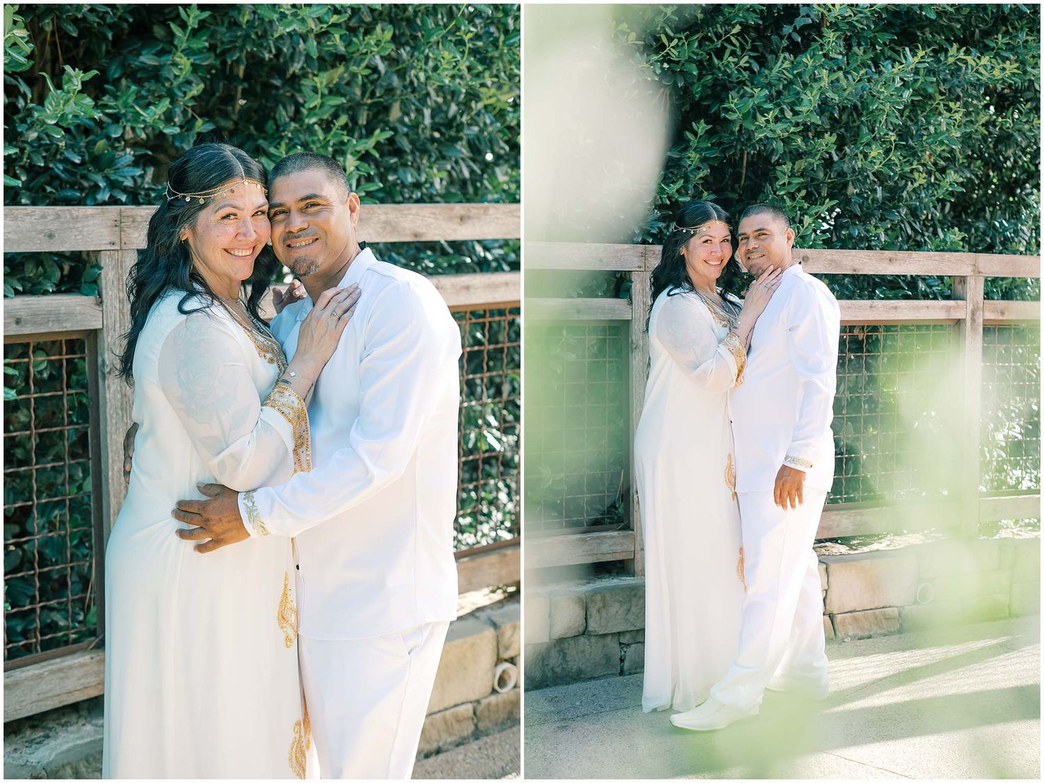 Romantic moments captured between a couple in white clothing against a natural outdoor backdrop.