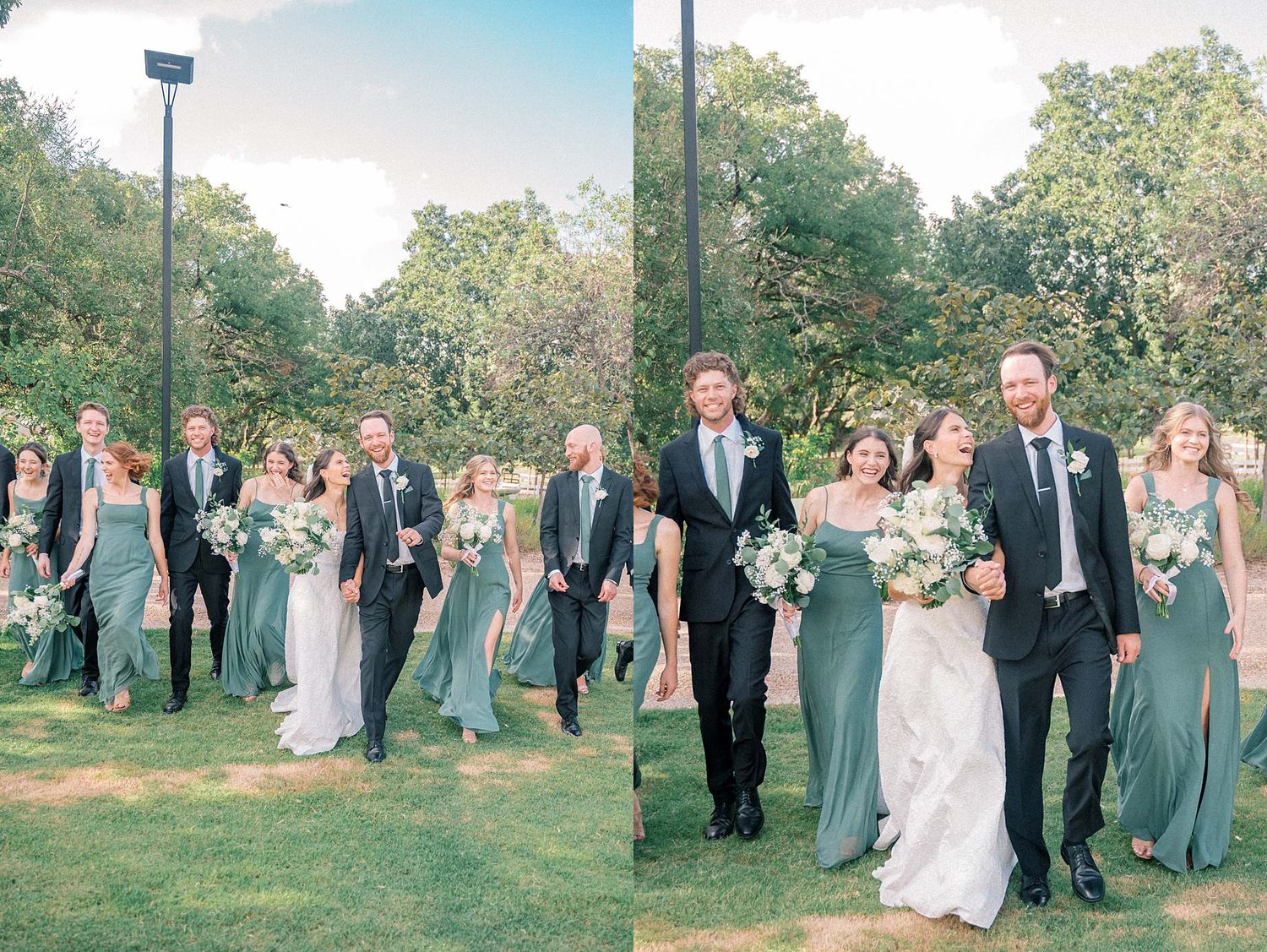 Wedding party poses for group photos in a scenic outdoor garden setting with green landscaping.