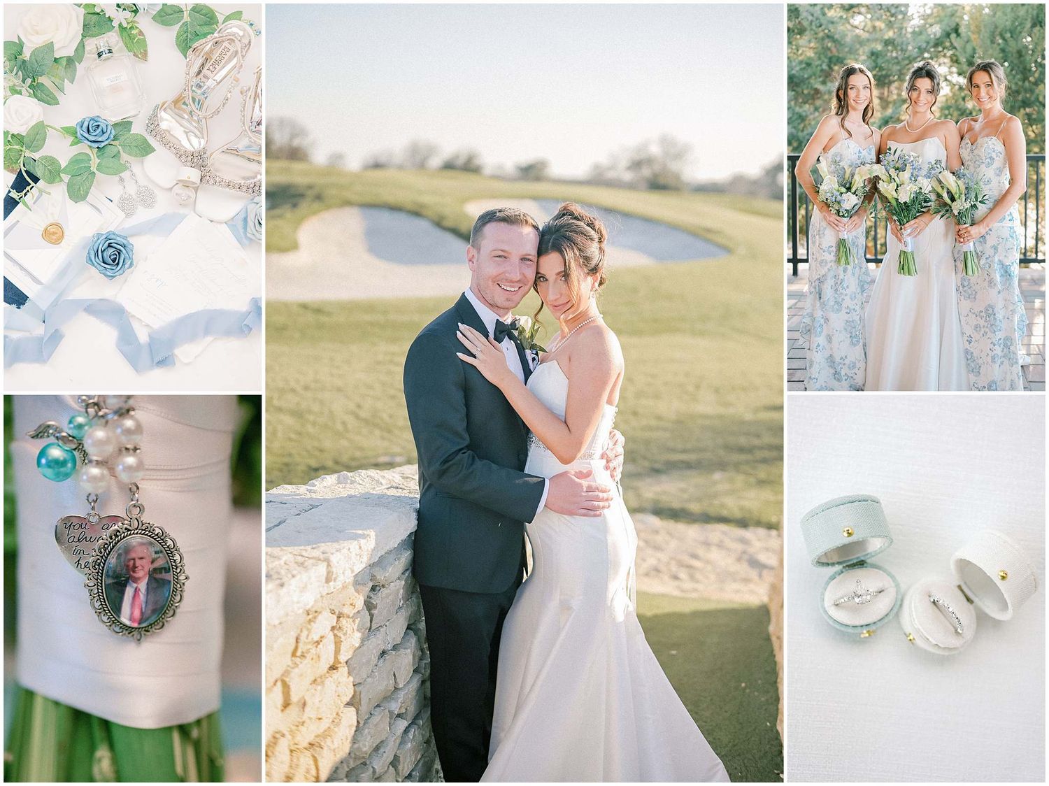 Wedding detail shots featuring delicate blue accessories, outdoor portraits, and garden elements.