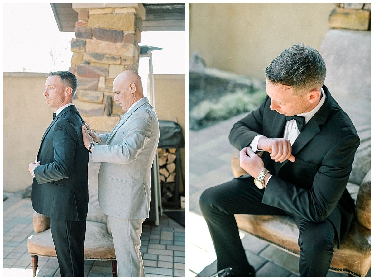 Wedding preparation moments captured in formal attire against brick walls.
