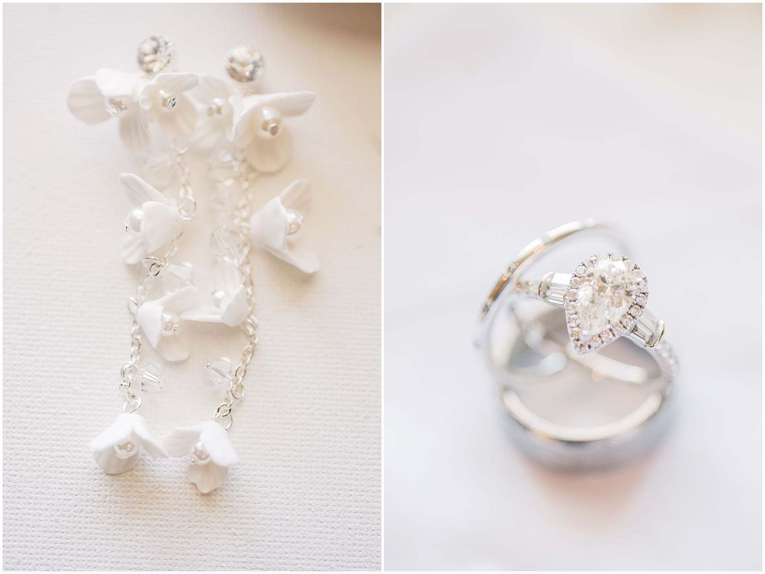 Close-up shots of delicate pearl and crystal bridal jewelry on white background.