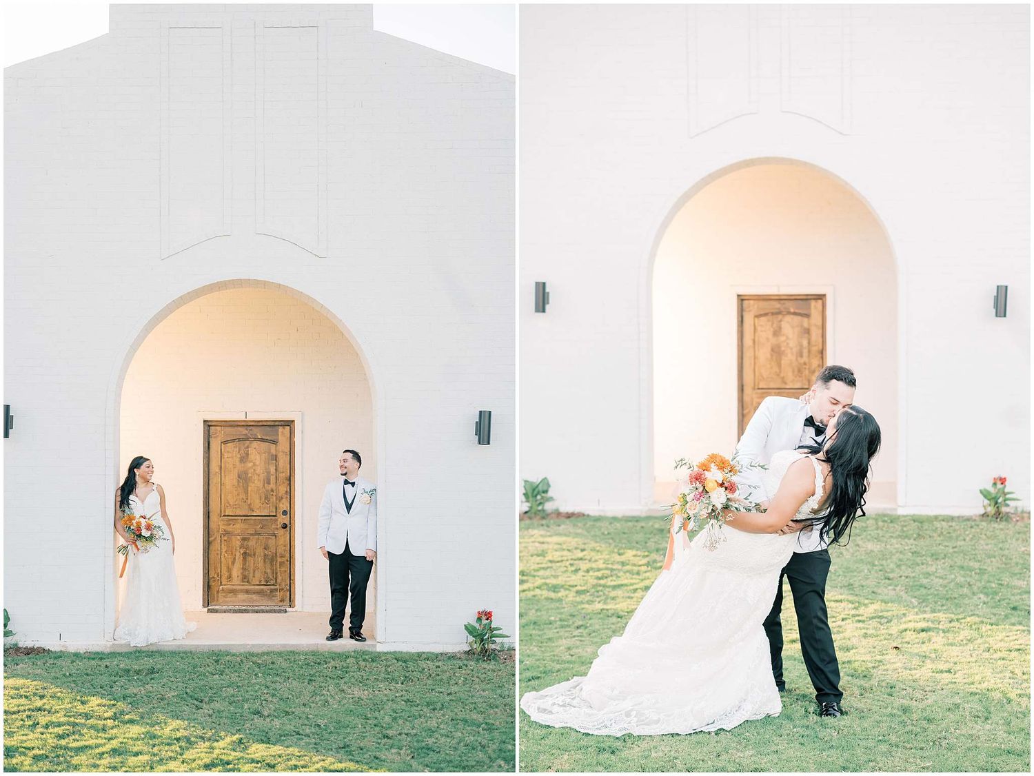 Romantic wedding photos captured against white mission architecture and green grass.