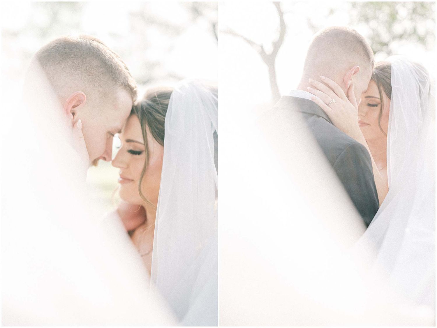 Romantic soft-focus portrait of newlyweds sharing an intimate moment under bridal veil.