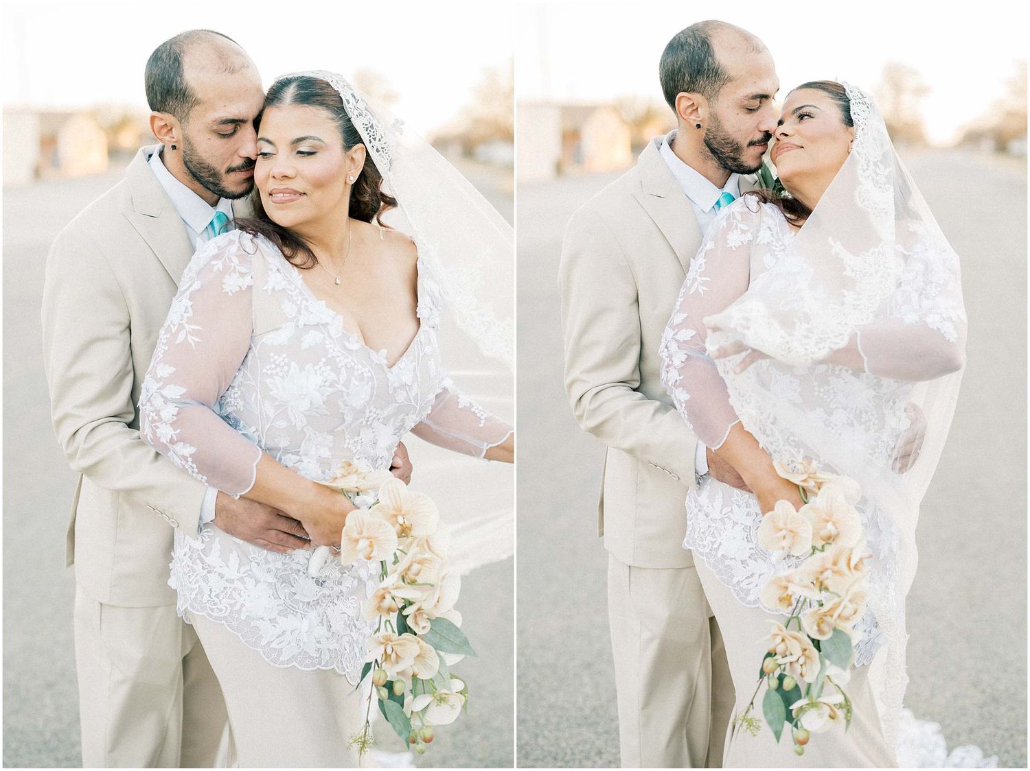 Wedding couple in light-colored attire sharing romantic moments with pastel florals.