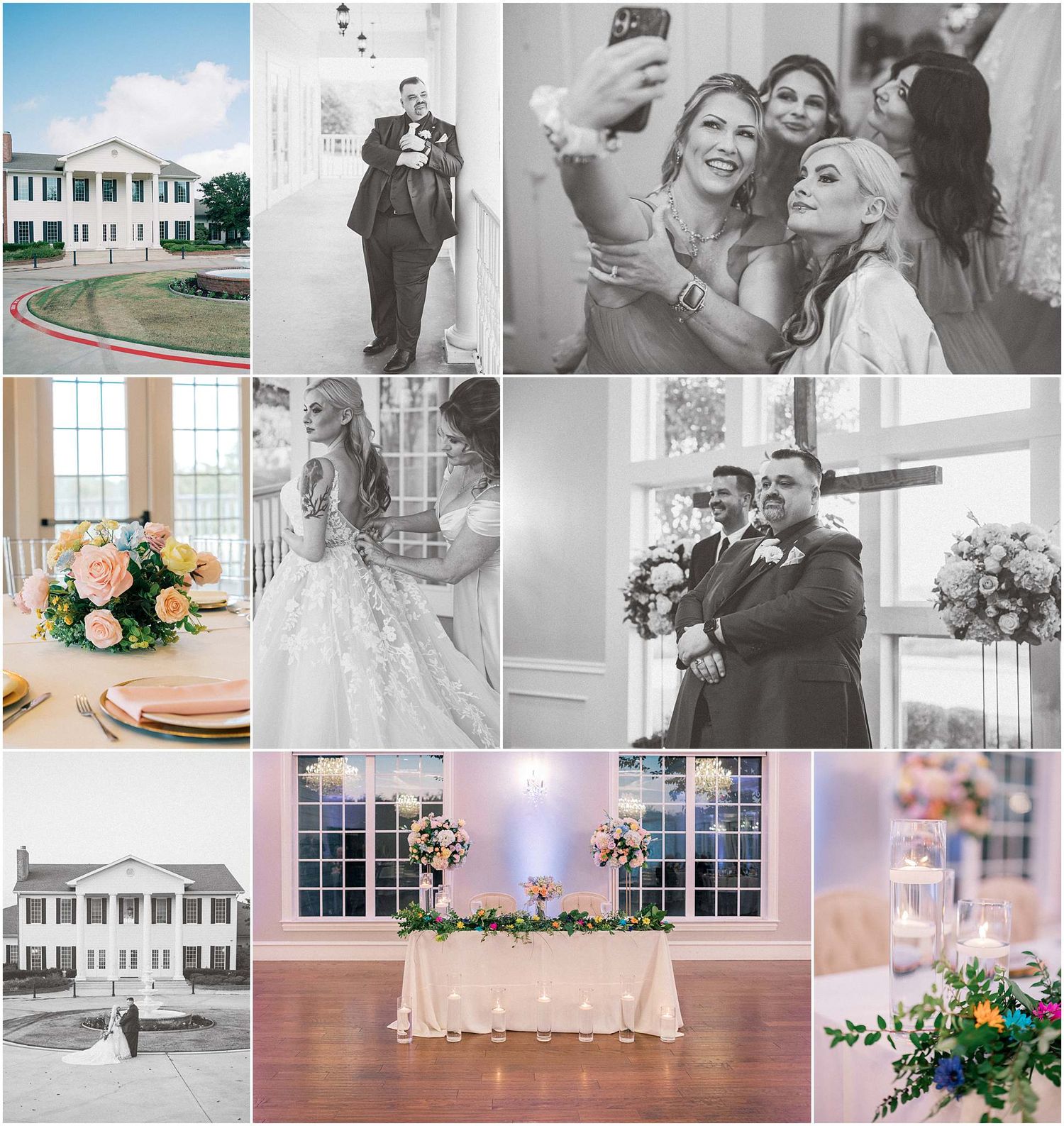 Wedding venue collage showing reception details, decor, and architectural features.