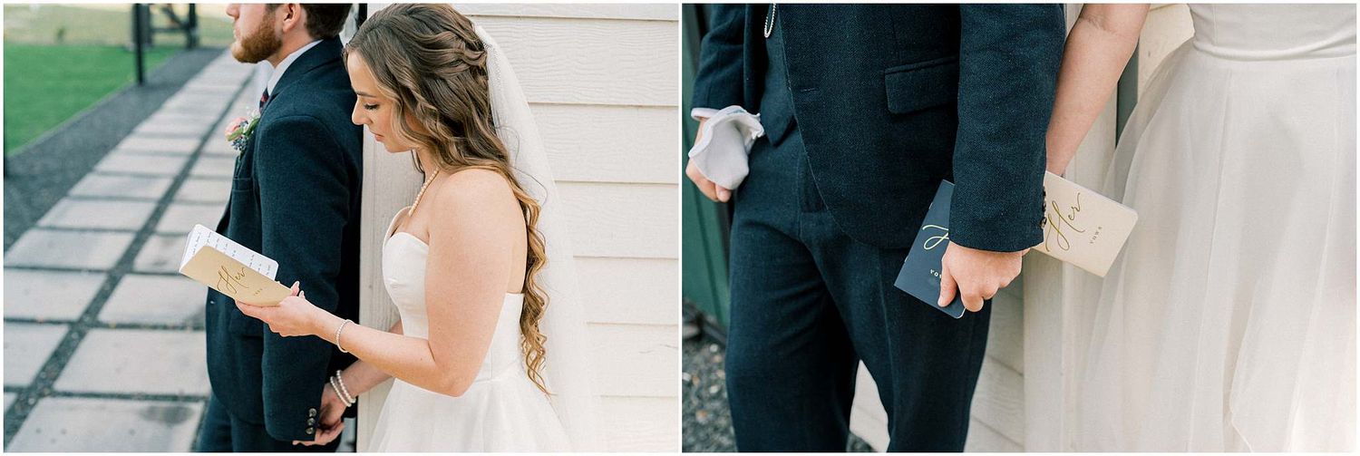 Sequence of wedding photos showing couple interacting on white porch stairs.