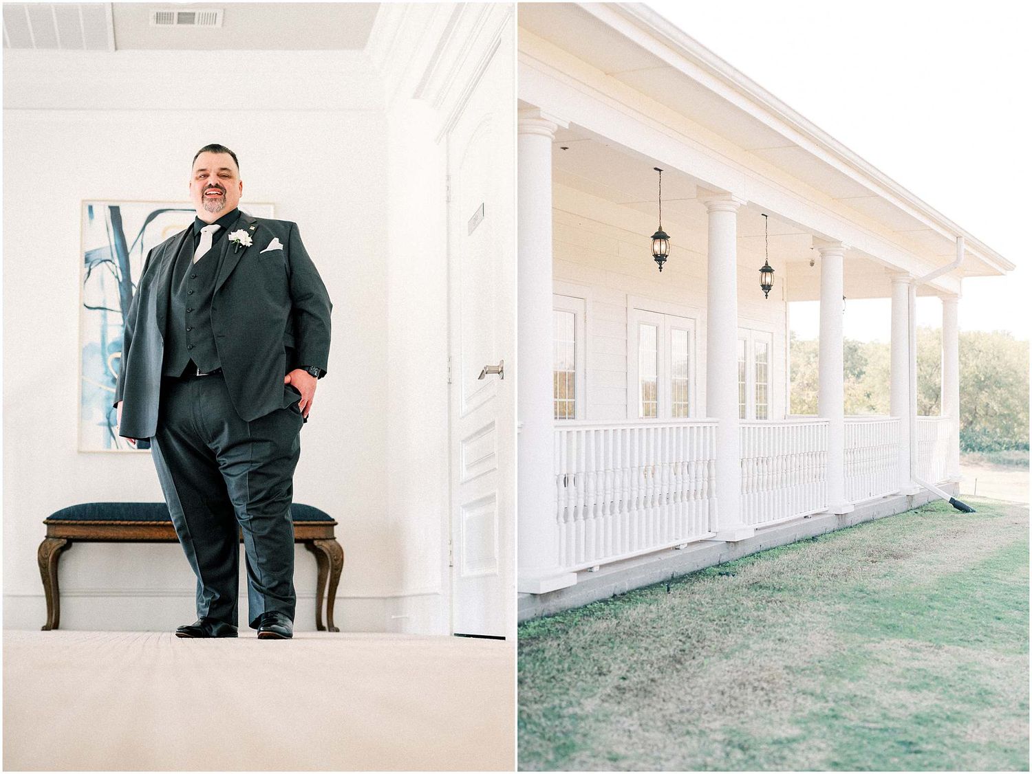 Elegant white porch with columns and manicured lawn at a wedding venue.