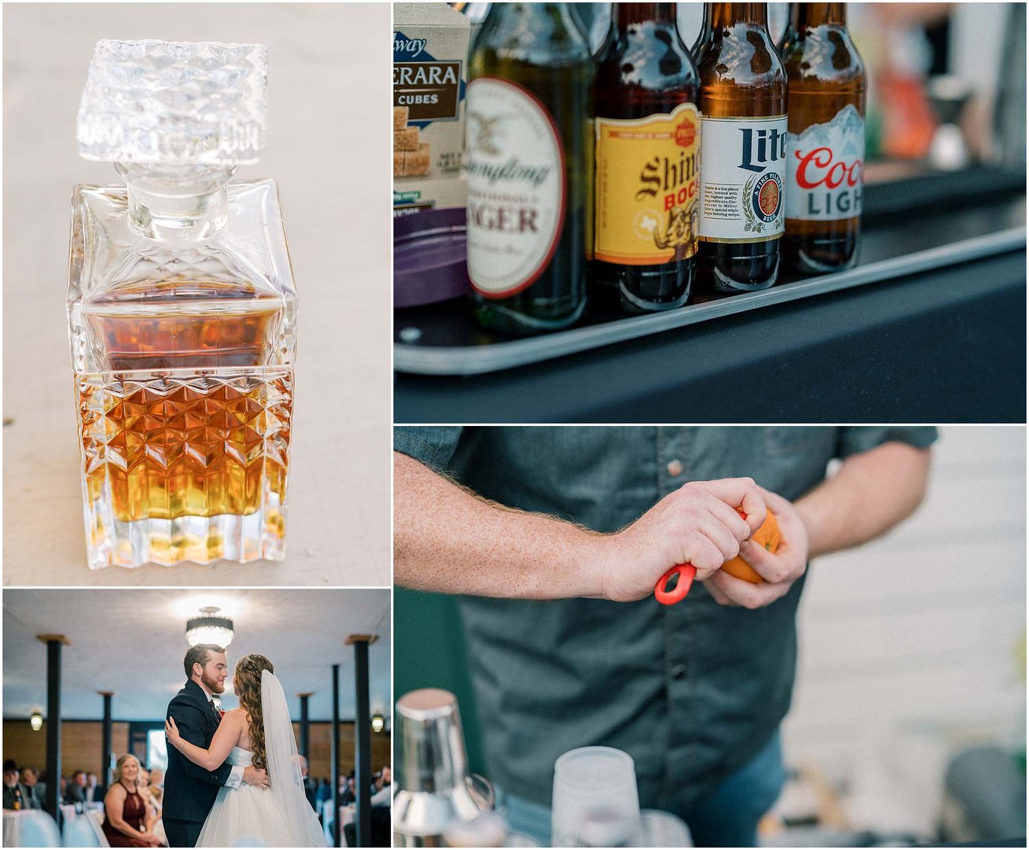 Wedding bar service details showing whiskey glass and assorted drink bottles.