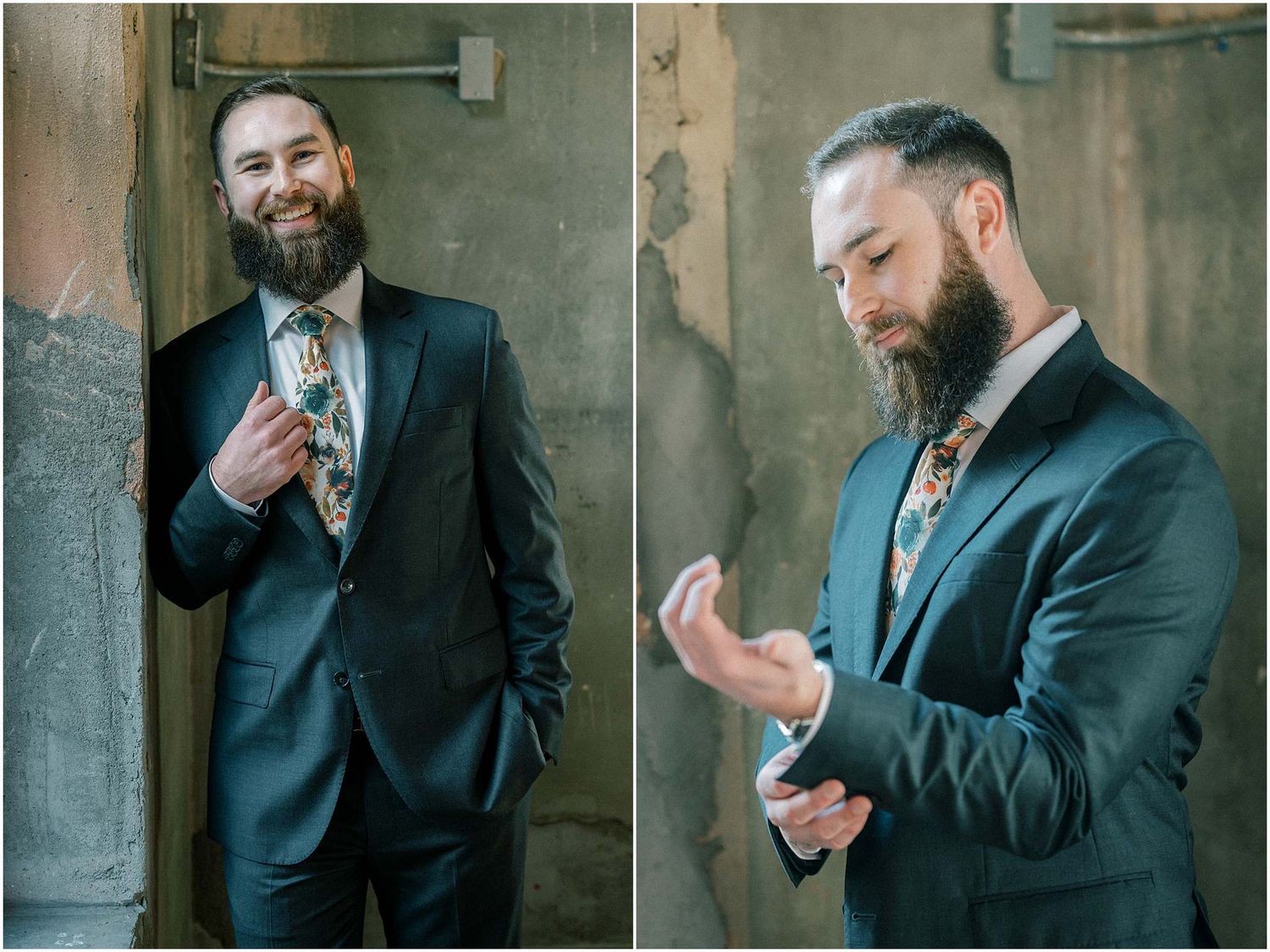 A sequence of portraits showing a bearded person in a dark suit gesturing and checking their phone.