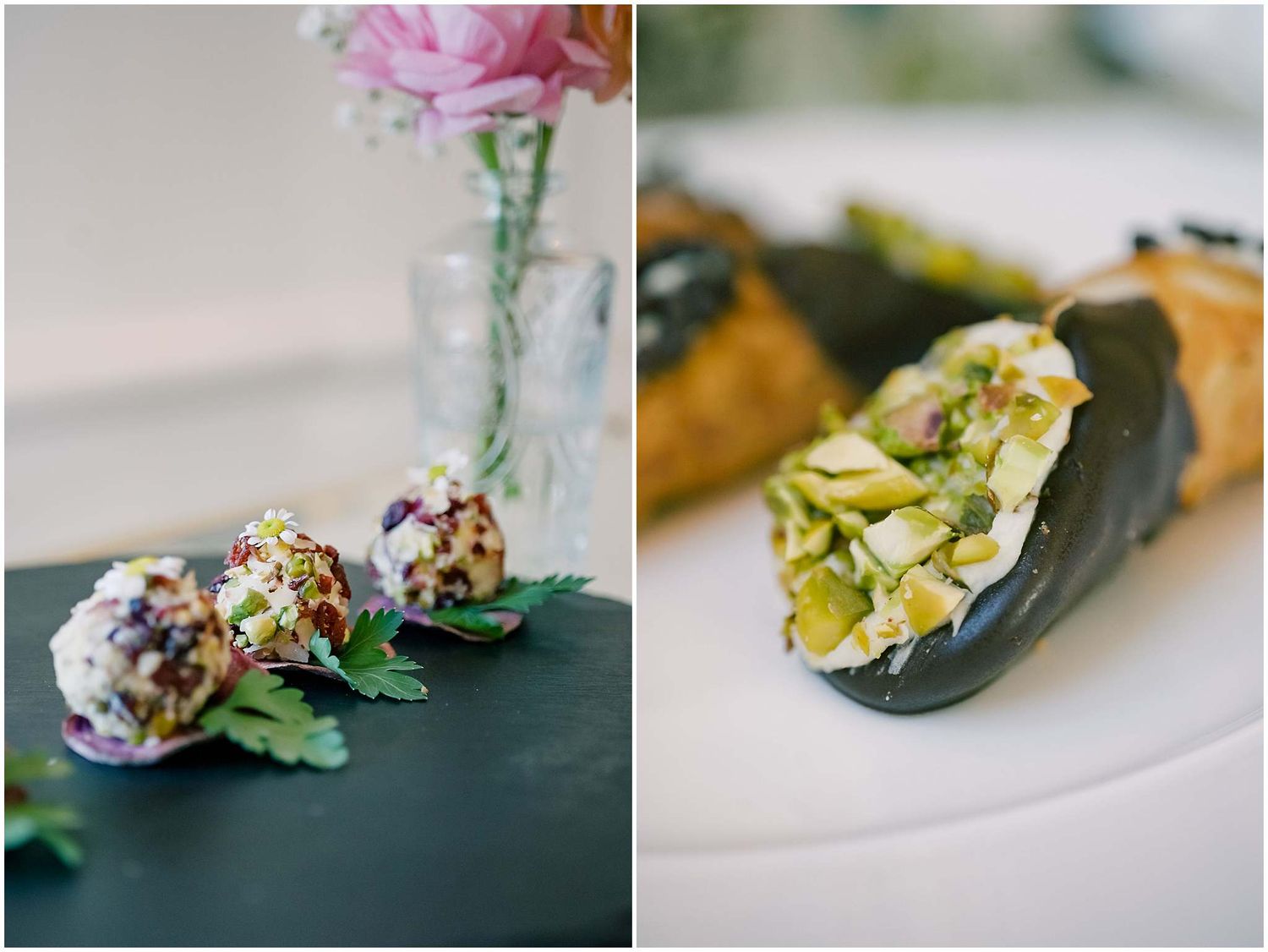 Artistically plated appetizers garnished with edible flowers on dark plates.