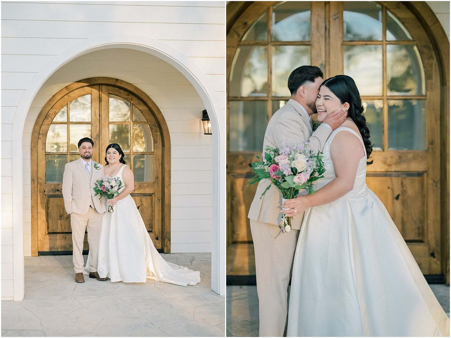 Wedding portraits with arched wooden doors and white walls as elegant backdrop.