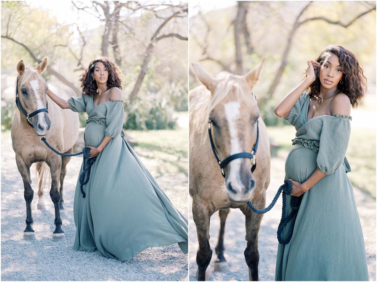 Romantic photoshoot sequence featuring a horse and flowing sage green dress.